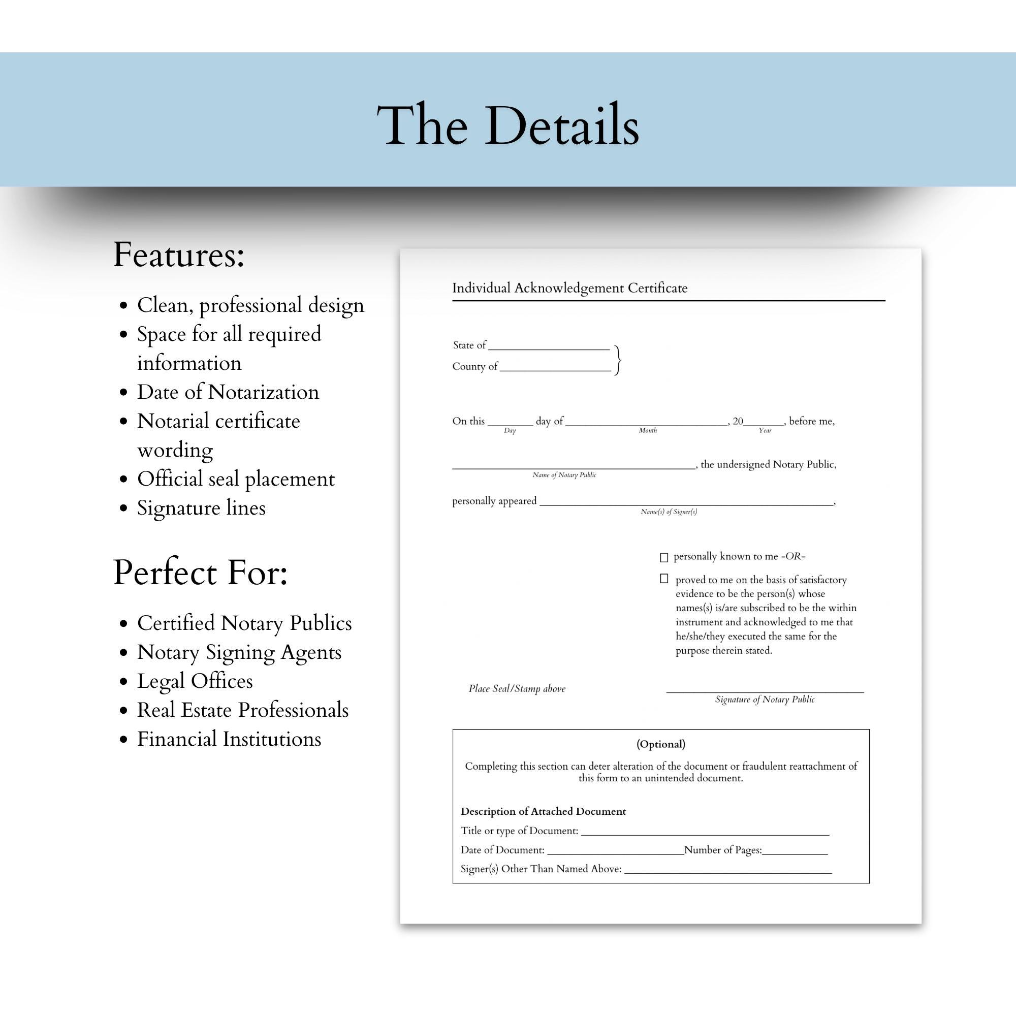 Printable Notary Acknowledgment Certificate State Compliant Legal Form