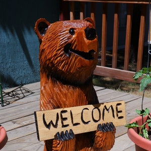 Wood carved Standing Bear chainsaw art with welcome sign, Large