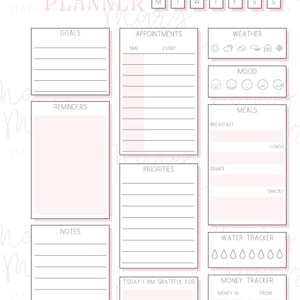 Op de afbeelding: Een dagplanner met een roze en wit ontwerp. De planner bevat secties voor doelen, afspraken, herinneringen, notities, prioriteiten en een watertracker. Het woord "DAILY" staat bovenaan, met "PLANNER" eronder.