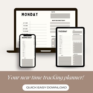 Puede incluir: Un planificador de seguimiento del tiempo digital con fondo negro y texto blanco. El planificador se muestra en una computadora portátil, una tableta y un teléfono. El texto en el planificador dice "MONDAY", "TUESDAY", "WEDNESDAY", "DATE", "MUST BE DONE TODAY", "WOULD LIKE TO GET DONE", "TOMORROW", y "NOTES".