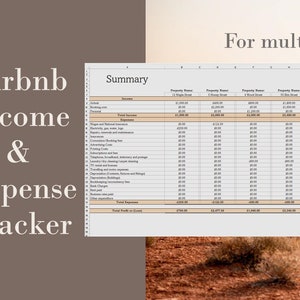 Può includere: Un foglio di calcolo per tenere traccia dei redditi e delle spese di Airbnb per più proprietà. Il foglio di calcolo include colonne per il nome della proprietà, i redditi e le spese. Il foglio di calcolo include anche grafici che mostrano i redditi e le spese totali per proprietà. Il foglio di calcolo è intitolato "Airbnb Income & Expense Tracker" e l'anno è 2022.