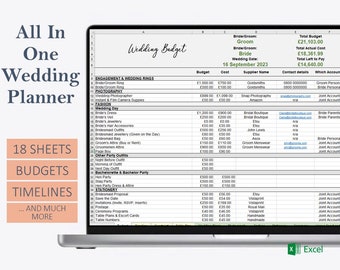 May include: A laptop screen displaying a spreadsheet with a wedding budget planner. The spreadsheet includes categories for engagement and wedding rings, photography, fashion, other party outfits, bachelorette and bachelor party, stationery, and table numbers. The spreadsheet also includes columns for budget, cost, supplier name, contact details, and which account to use for each item.