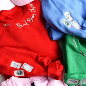 Puede incluir: Una colecci&oacute;n de sudaderas coloridas en rojo, azul, verde y rosa. Cada sudadera tiene texto bordado y parches en las mangas. La sudadera roja tiene bordado "Bird Bam Cheers".