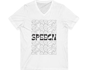 Speech V-neck Tee | Retro Outline Typography, Minimalist Statement Shirt