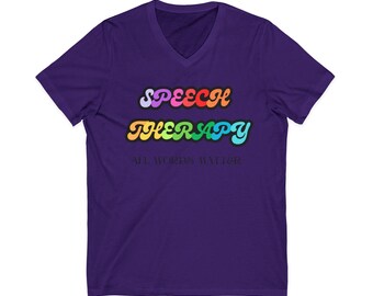 Speech Therapy V-Neck Tee | Colorful Retro Bubble Letters, All Words Matter