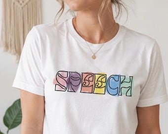 Speech Retro Block Letters Tee | Rainbow Pastel Typography V-neck