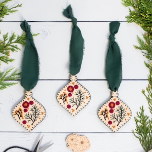 Embroidered Botanical Christmas Ornament Kit on Wood,  Set of 3 DIY Stitched Tree Decorations, Laser Cut Design, Scandinavian Style Folk Art