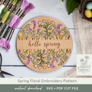 Puede incluir: Un aro de bordado de madera redondo con un diseño floral y el texto "hello spring". El aro está rodeado de hilo de bordar de varios colores.