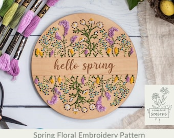 Hello Spring Embroidered Sign SVG | Wood Floral Embroidery Pattern Cut File |  Laser Ready Digital Download