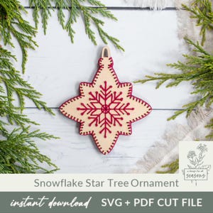 SVG sneeuwvlok kerstornament borduurpatroon voor lasersnijden, hout kerstboomversiering gesneden bestand, cadeau voor Crafter, decor vakantie