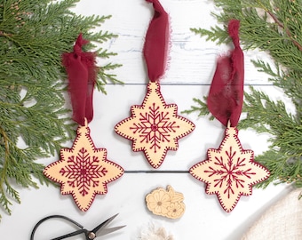 Snowflake Christmas Ornament Kit,  Set of 3 Embroidered Xmas Tree Decorations, Holiday Embroidery Craft on Wood, Laser Cut Tree Decoration