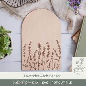 Letrero de madera con arco de lavanda SVG, archivo de corte posterior, letrero con nombre de familia botánico grabado, decoración de guardería personalizable, listo para láser, hierba grabada SVG