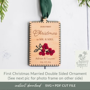 Gestickte Fotorahmen Weihnachtsbaum Ornament SVG doppelseitig Personalisiertes erstes Jahr verheiratet Weihnachtsbaumdekoration Laser bereite Ornamente