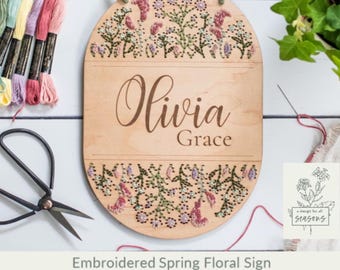 Embroidered Floral Nursery Sign SVG | Wood Embroidery Pattern Cut File |  Personalized Baby Gift | Laser Ready Digital Download