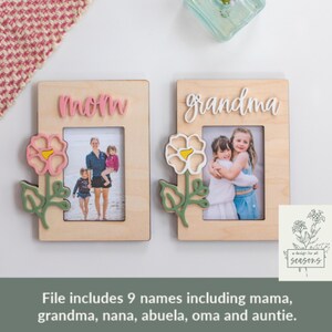 May include: Two wooden picture frames with a flower design and the words "mom" and "grandma" on them. The frames are both light brown and have a white background. The flowers are pink and yellow with green leaves. The frames are designed to hold 4x6 inch photos.