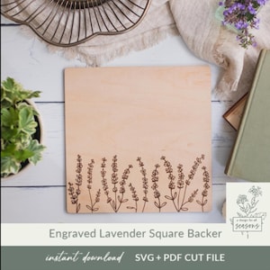 Archivo de corte para letrero de madera cuadrado de lavanda SVG, botánico grabado para letrero con nombre de familia o decoración de guardería, archivo SVG de corte láser personalizable