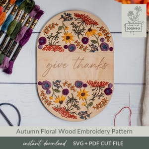 Patrón de bordado floral de otoño SVG, archivo cortado con láser, letrero de madera personalizado con nombre, regalo botánico de otoño, patrón de costura listo para láser, bricolaje