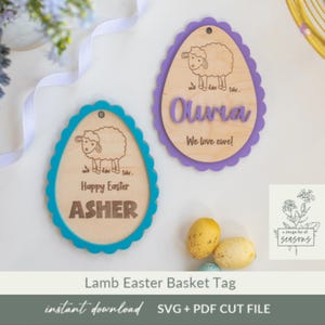 Lamm Osterkorb Tag SVG Personalisierter Name Osterkorb Tag Laser bereit Datei Benutzerdefinierter Name Schaf Ostern Tag Holz Acryldekor für Kinder