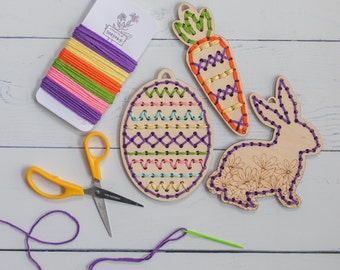 Easter Embroidery Yarn Sewing Craft Kids Learn to Sew Kit Beginner Embroidered Bunny With Carrot Embroidered Easter Egg Easter Cross Stitch