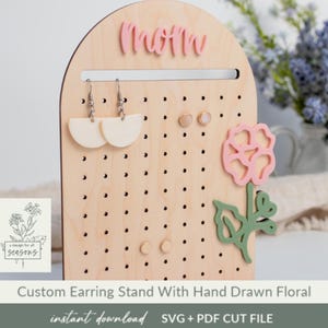 Boogoorbelstandaard SVG aangepaste bloemensieraden houder laserklaar oorbel organisator gepersonaliseerd cadeau voor Moederdag snijbestand bloemmotief