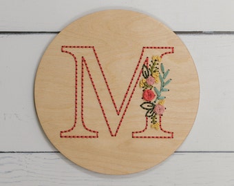 Embroidered Monogram Kit, Floral Initial, Custom Needlework, Teen Craft, Personalized Craft Kit, Wood DIY, Beginner Embroidery, Gift For Her