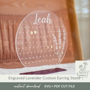 Soporte para pendientes personalizado SVG, exhibición de pendientes de lavanda grabada, archivo de corte, regalo personalizado para el Día de la Madre, organizador de pendientes, archivo listo para láser