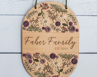 Custom Wildflower Embroidery Kit Established Sign Gift Family Last Name Handmade Modern Botanical Embroidery on Wood Pattern DIY Kit Women