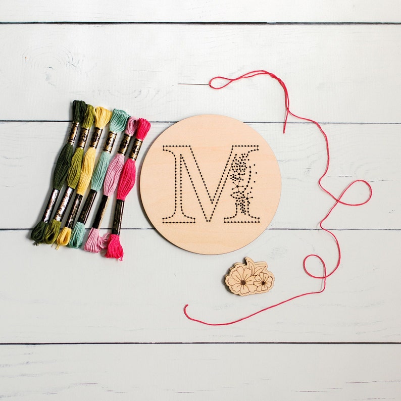 Embroidered Monogram Kit, Floral Initial, Custom Needlework, Teen Craft, Personalized Craft Kit, Wood DIY, Beginner Embroidery, Gift For Her image 4