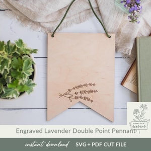 Banderín de doble punta con grabado de lavanda, soporte SVG para letrero con nombre de familia, archivo de corte, letrero de guardería personalizable, SVG, listo para láser, pancarta de cumpleaños DIY