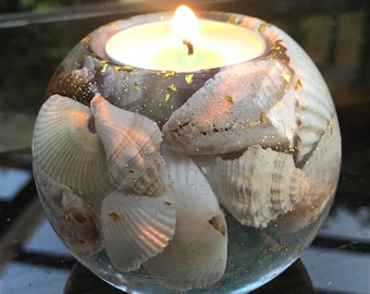 Coastal Glow Handmade Seashell Candle Holder with Tea Light – All Natural Coastal Beach Decor