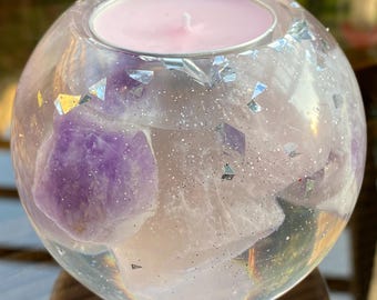 Amethyst & Rose Quartz Healing Crystal Candle Holder and Tea Light for Peace and Balance