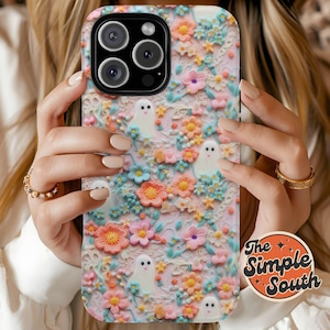 Ghost Goth 3D Preppy Halloween Phone Case, Whimsigoth Flower Floral Cute Witchy Gifts Summerween Pink, iphone, Google Pixel, Samsung Galaxy