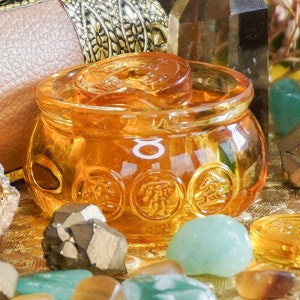 Chinesische Geldschüssel mit Münzen - Feng Shui Wohlstand Altar, Gold Gelb Citrin Ornament Größen, Reichtum Anziehungskraft Glas Kristall Wohnkultur