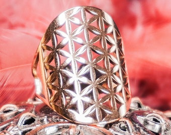 Flower of Life Sacred Geometry Ring - Resizable Adjustable Spiritual Minimalist Boho Seed Energy Jewelry Statement Rings, Gift Gifts for Her
