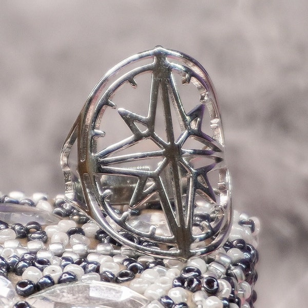 North Star Compass Ring ~ Gold & Silver Stainless Steel Resizable Adjustable Rings, Spiritual Boho Four Directions Direction Energy Jewelry