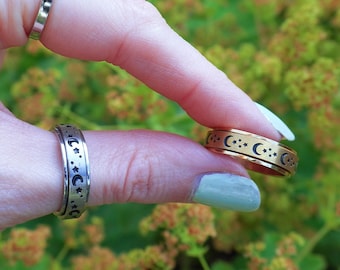Bague spinner lune et étoiles ~ Bagues empilables en or ou en argent, bijoux anti-anxiété, stress, fidélisation, méditation, rotation