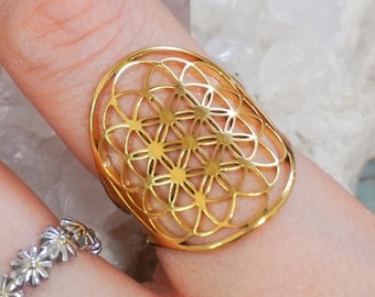 Flower of Life Circles Ring - Gold & Silver Sacred Geometry Adjustable Mandala Jewelry, Spiritual Geometric Vibe Boho Energy Statement Rings