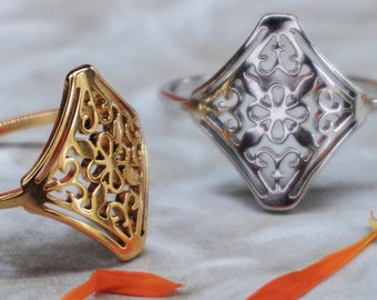 Filigree Ring - Silver & Gold Dainty Rings, Diamond Shape Feminine Floral Boho Vintage Victorian Style Geometric Minimalist Steel Jewelry