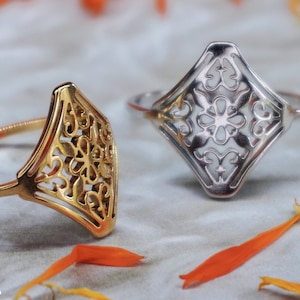 Filigree Ring - Silver & Gold Dainty Rings, Diamond Shape Feminine Floral Boho Vintage Victorian Style Geometric Minimalist Steel Jewelry