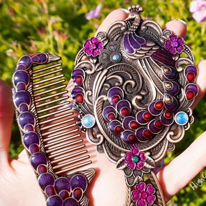 Enamelled Peacock Vanity Set ~ Vintage Style Mirror and Comb Set, for the Beauty Goddess, Green Purple Gold Enamel, Bird Spirit Animal Totem