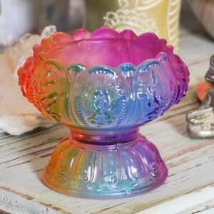 Rainbow Lotus Tealight Holder with Tibetan Auspicious Symbols - Tea Light Candle Crystal Ball Sphere Stand, Altar Offering Bowl Home Decor
