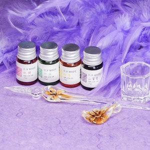 Conjunto de canetas de vidro - Caneta de imersão de caligrafia artesanal em caixa com suporte, tintas e poço de tinta, caixa de presente para caneta-tinteiro para escritores de vidro Murano, escolha de cor