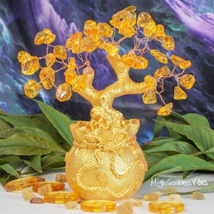 Feng Shui Money Tree - 4 Sizes, Prosperity Chinese Wealth Attraction Figurine, Gold Yellow Citrine Resin Sculpture Ornament Altar Home Decor