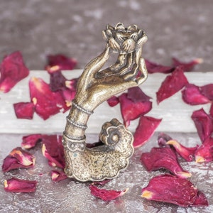 Lotus in Hand Backflow Brass Incense Burner ~ Smoke Waterfall Cascade, Mudra Flower Tibetan Metal Smudge Cone Cones Holder, Altar Home Decor