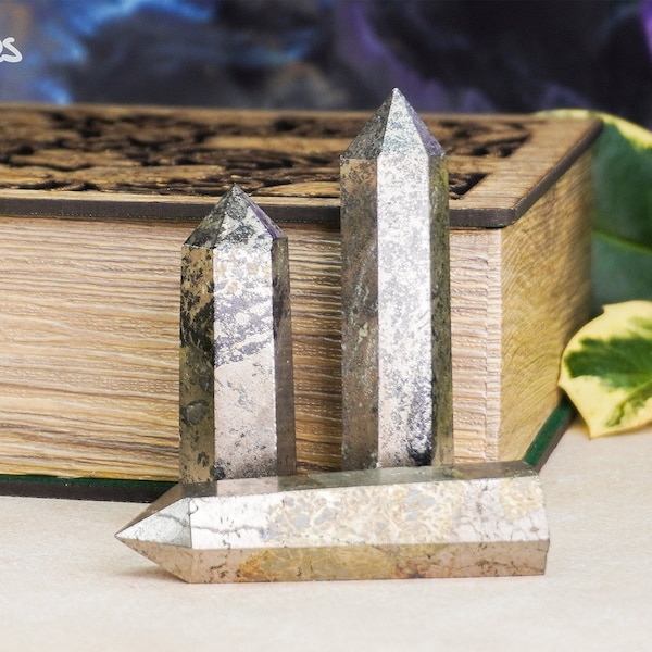 Healers Gold Point - 3 Sizes Genuine Crystal Generator Tower, Natural Apache Gold Stone Gemstone Wand, Pyrite Magnetite Crystals Grid Points