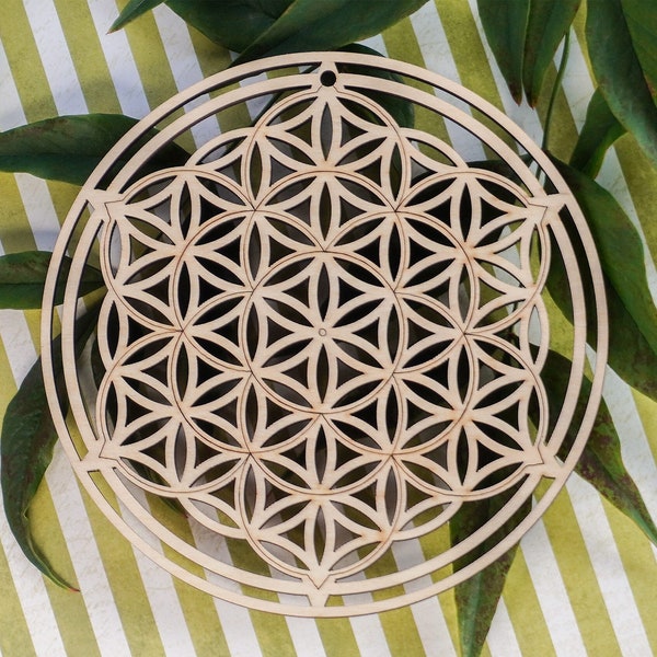 Flower of Life Crystal Grid Base or Wall Art - Décoration spirituelle en bois à géométrie sacrée, Boho Home Hanging, Gemstone Healing Stone Wood Mat