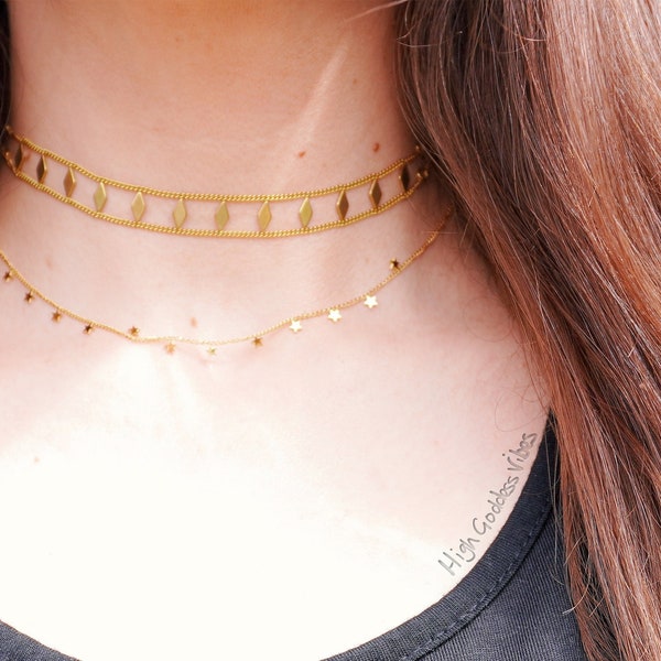 Diamond Shape Choker - Sacred Geometry Layer Layering Sparkly Minimal Gold Décolleté Chain Boho Necklace Rhombus Spiritual Stainless Steel