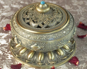 Auspicious Symbols Tibetan Incense Burner ~ Metal Smudge Bowl, Bronze Copper Herbs Stone Holder, Buddhist Jewelry Offering Home Altar Piece