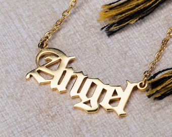 Colar de anjo - Prata e ouro minimalista gótico fonte letra palavra nome aço inoxidável, menina mulher dia das mães presente anjos pingente jóias