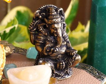 Brass Ganesh Statue ~ Remover of Obstacles, Hindu Wealth Prosperity Deity, Lord Ganesha God Altar Carved Carving Small Metal Idol Figure